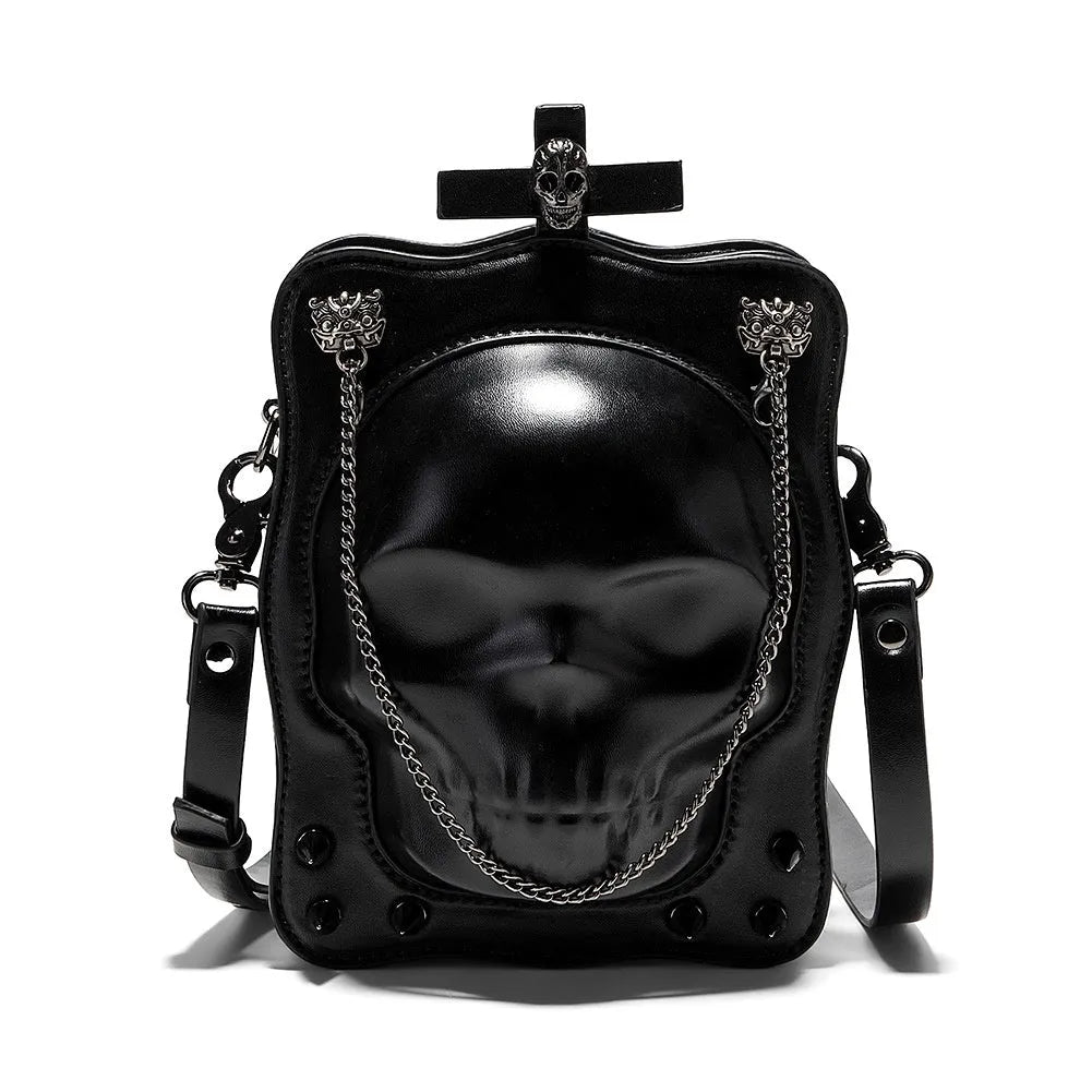 Black gothic skull shoulder bag with square messenger shape and decorative metal details