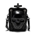 Black gothic skull shoulder bag with square messenger shape and decorative metal details