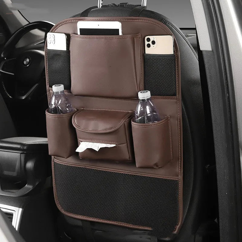 Leather car seat back storage bag in black, grey, green, and brown colour options