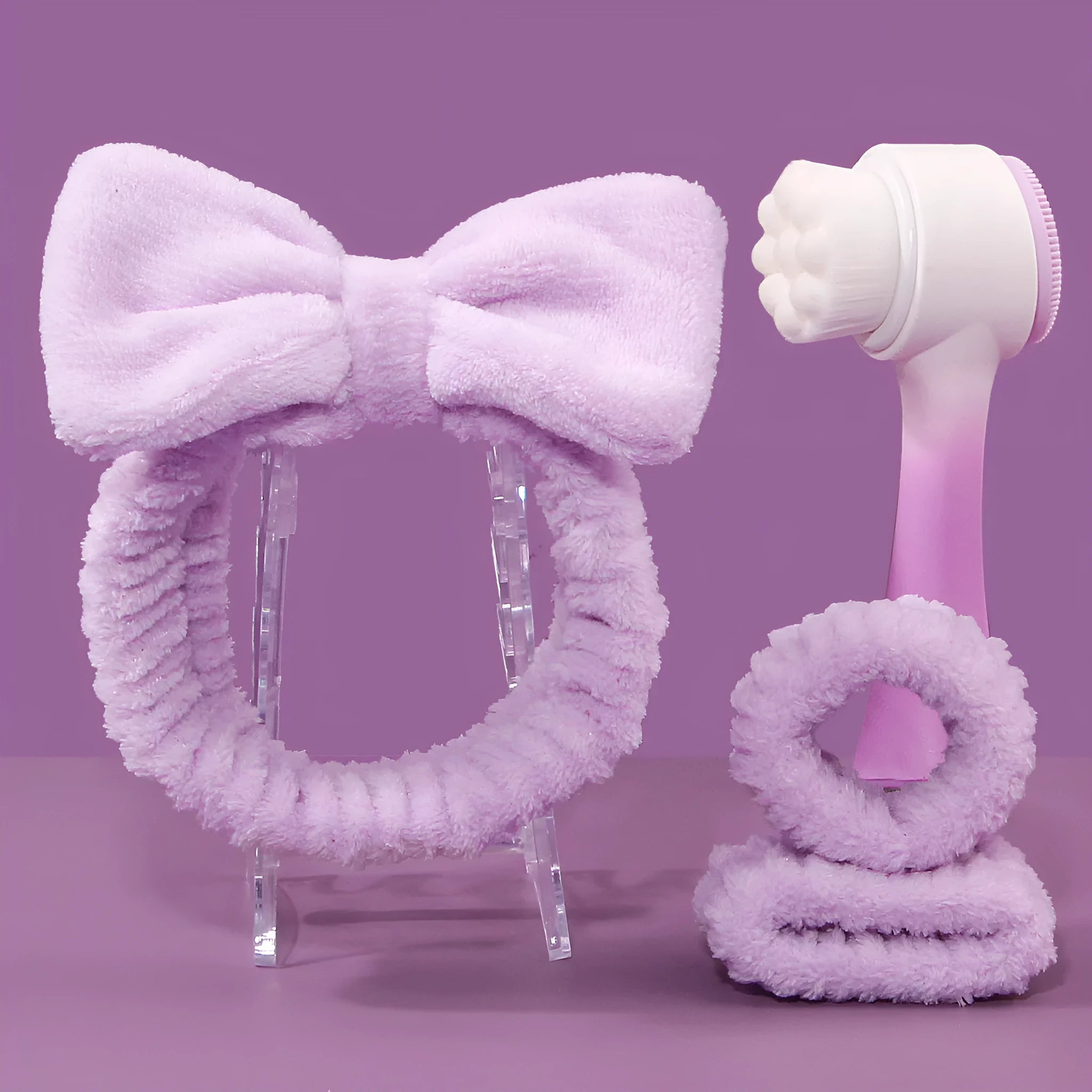 Facial brush set with coral fleece hair band and nylon bristle cleansing brush in multiple colour options
