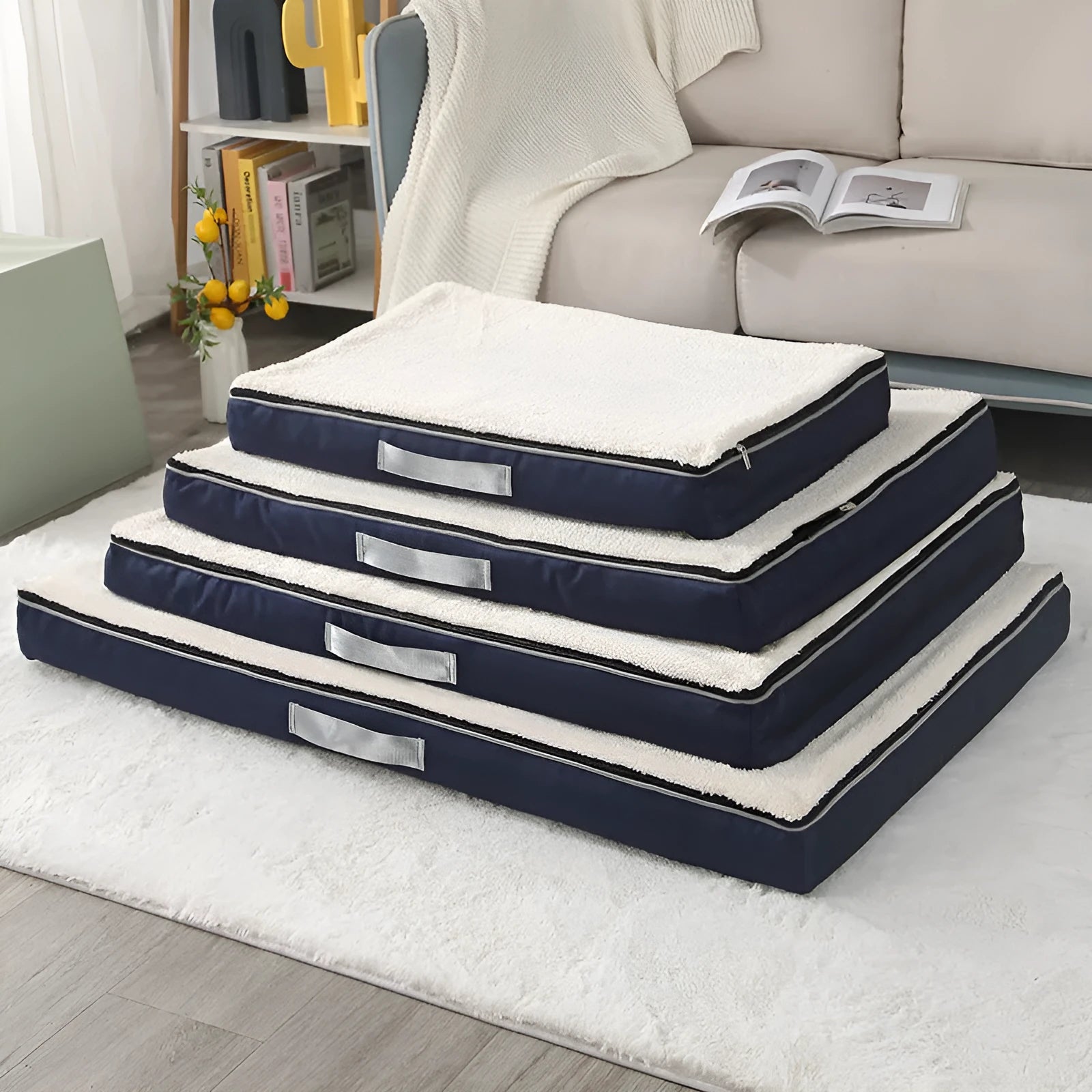 Brown removable washable memory sponge dog mattress pad on a wooden floor.