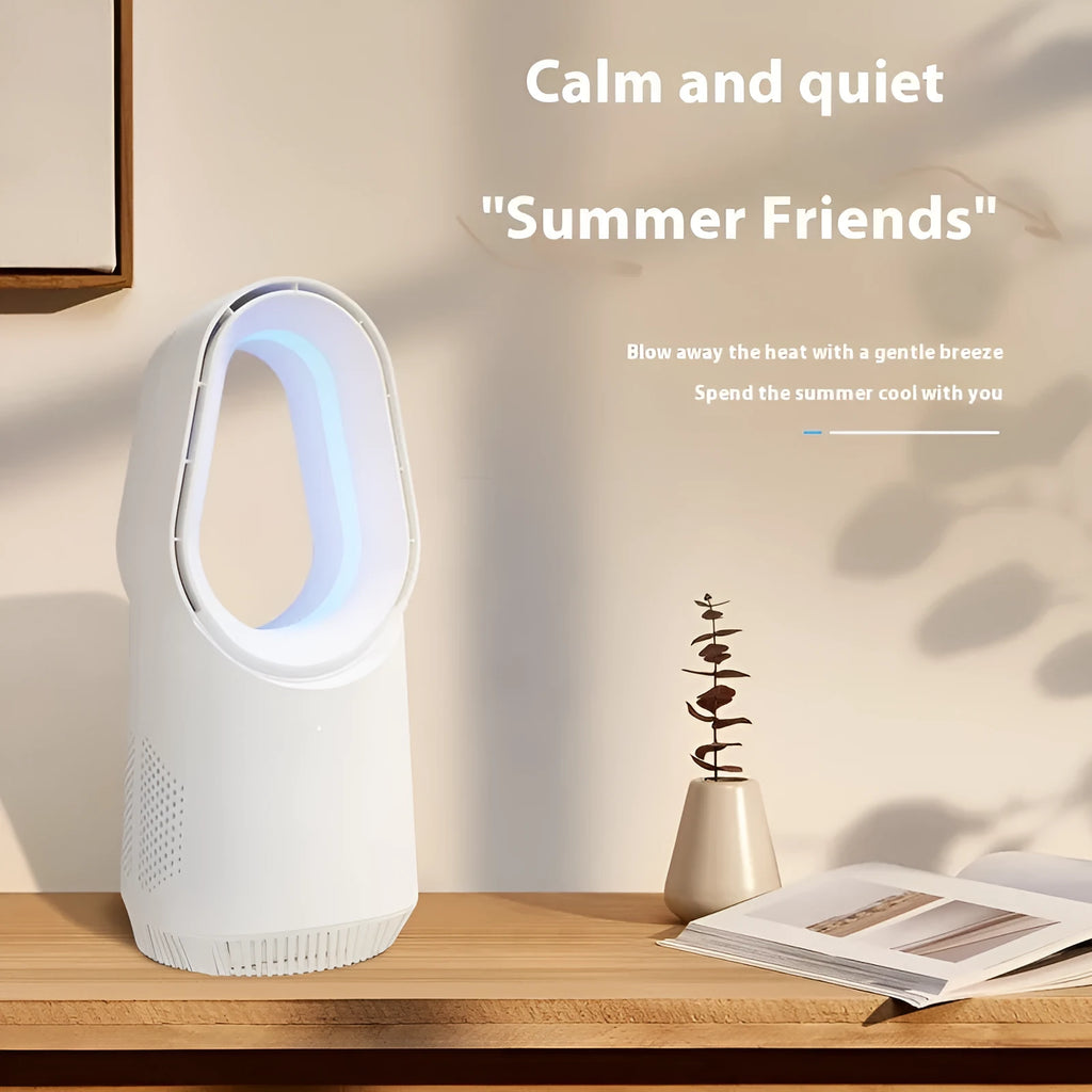 White bladeless tower fan with remote control on floor next to desk