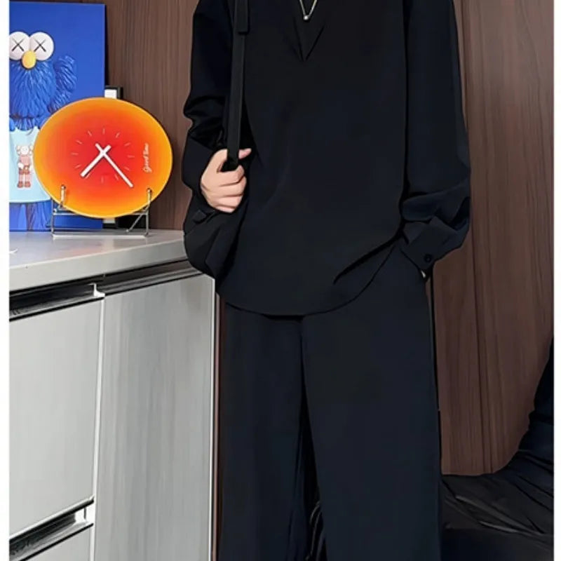 Men's black casual polo shirt and trousers two-piece suit set with slim fit design
