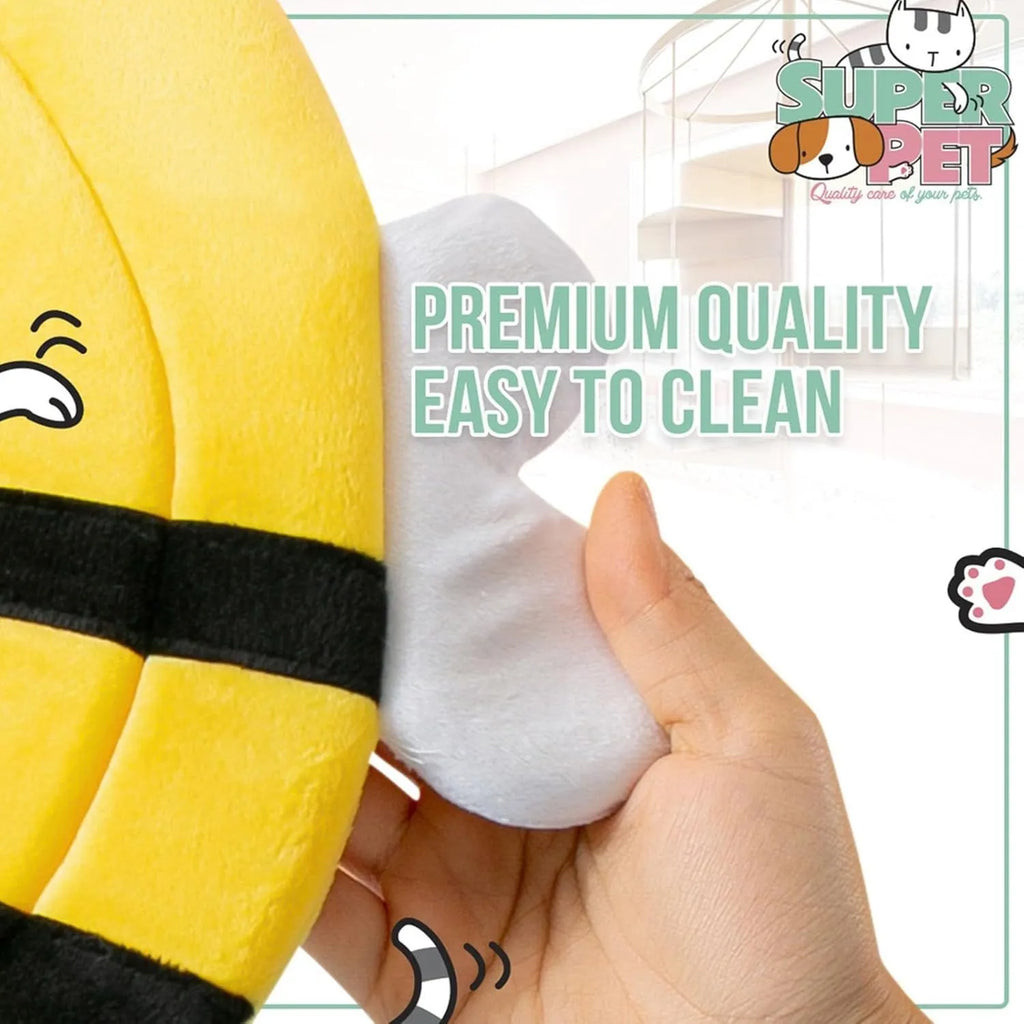 Soft white cat cone collar with black bee design and yellow wings, showing Velcro strap for adjustment.