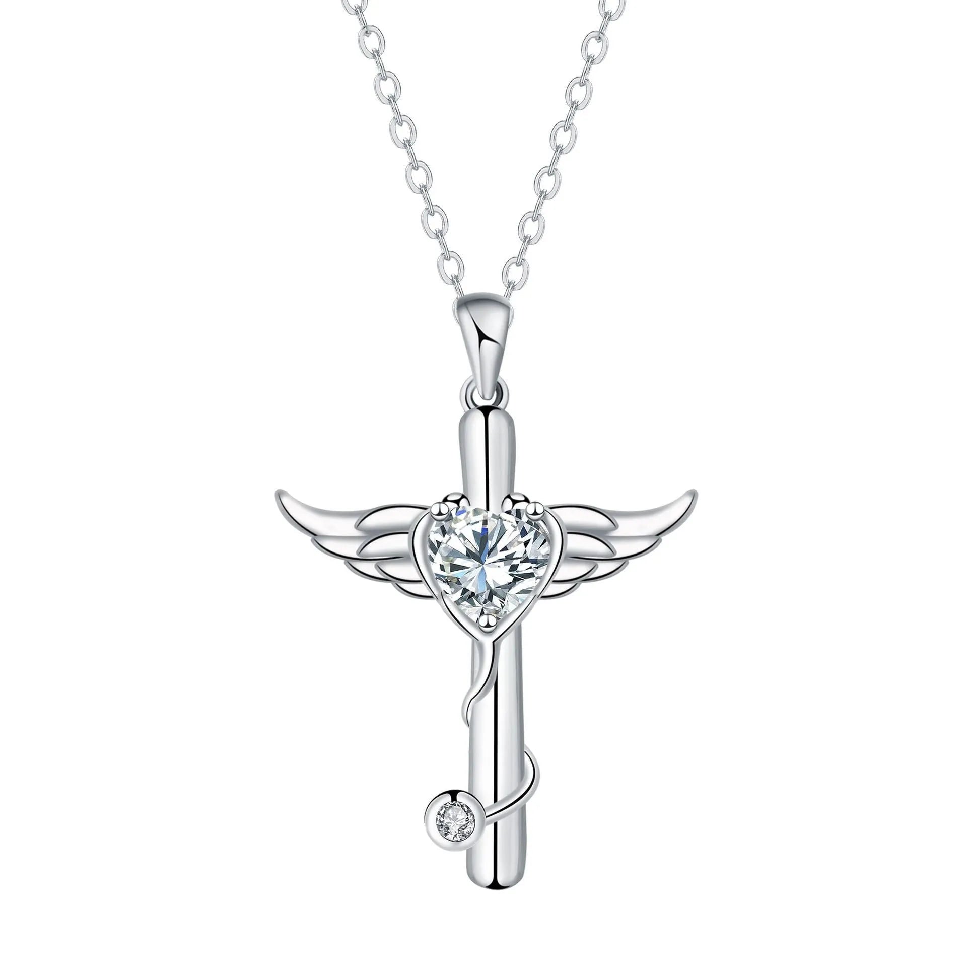 Personality wings cross stethoscope necklace in electroplated copper with red or white diamond finish
