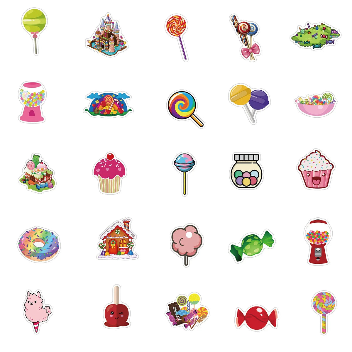 Pack of 50 colourful Candy series graffiti stickers with cartoon cute designs, each 4-6cm long.