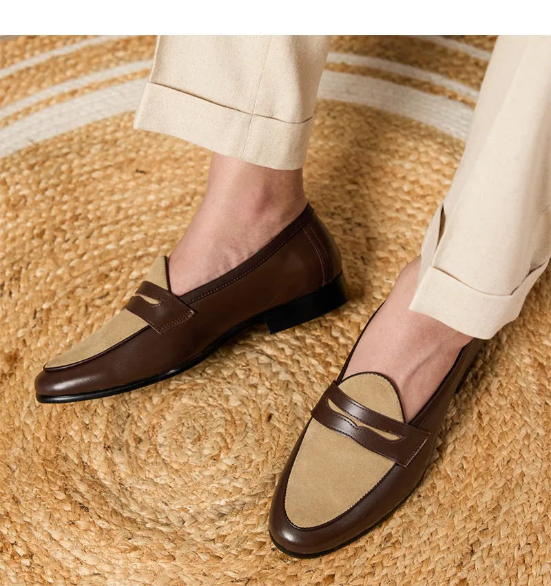 Coffee grey suede leather men's slip-on loafers with a rubber sole.