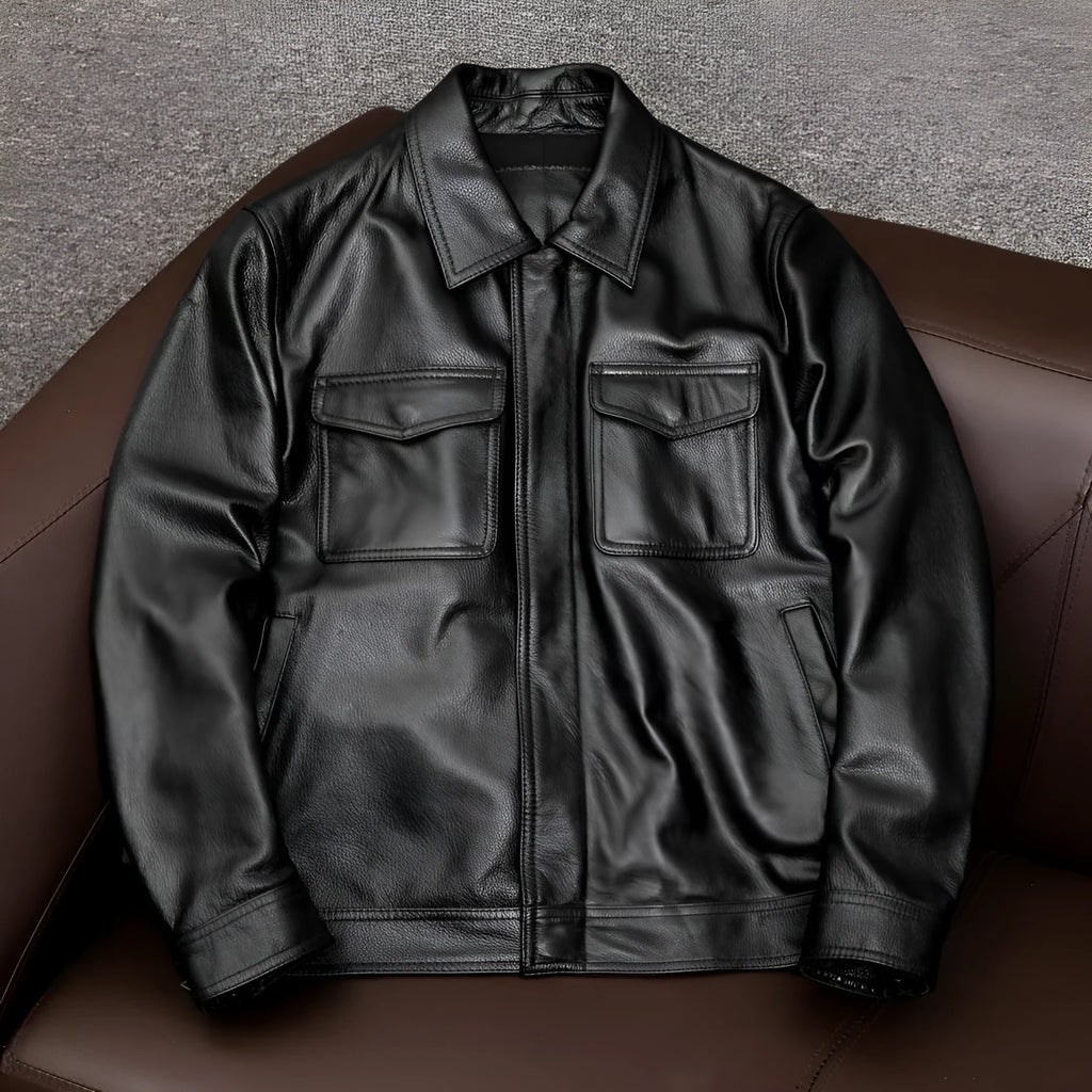 Men's black lapel-collar leather jacket with side pockets shown on model