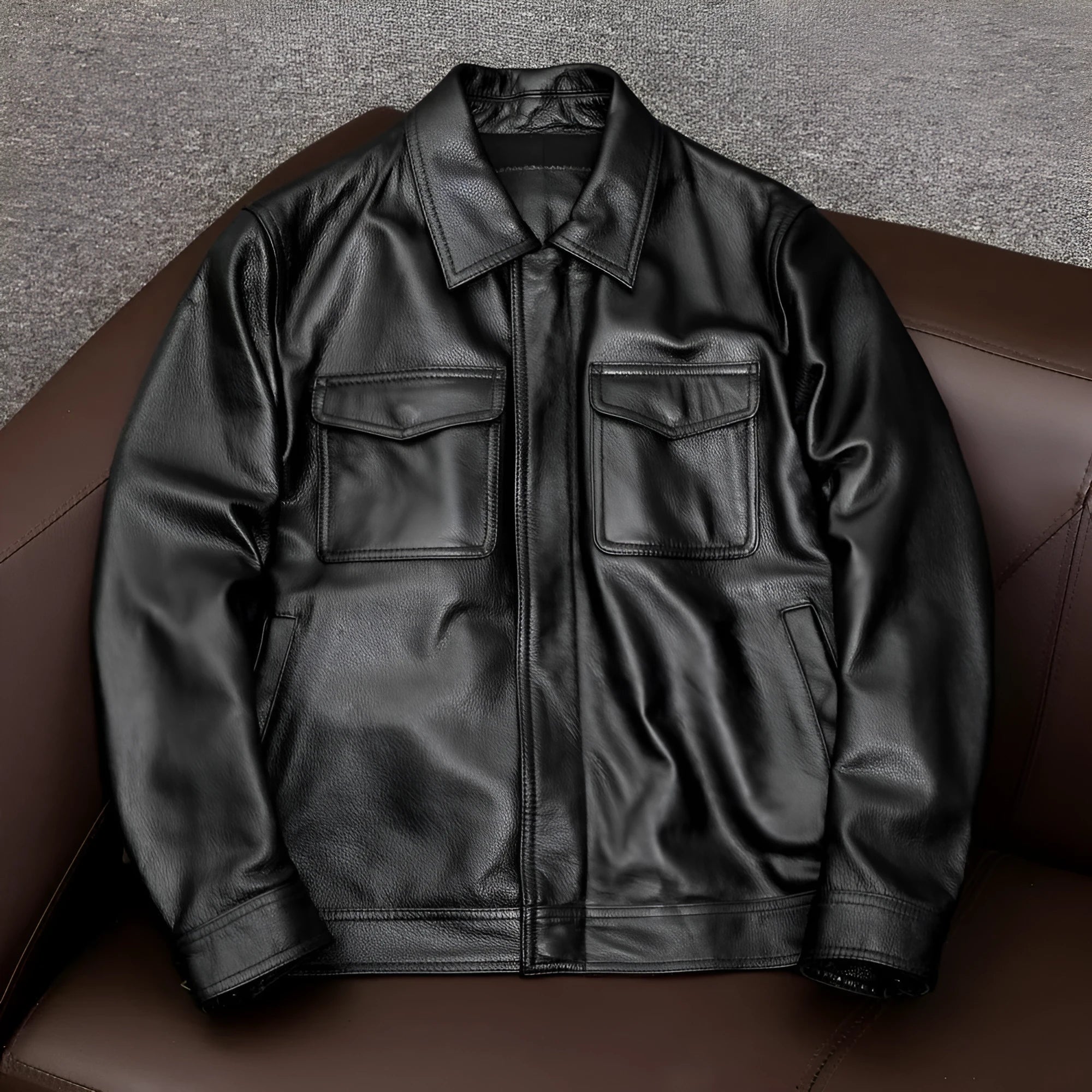 Men's black lapel-collar leather jacket with side pockets shown on model