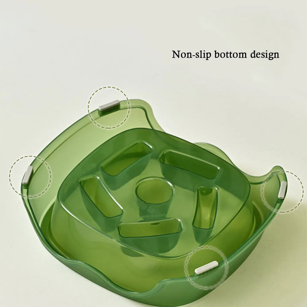 Plastic dog slow feeder bowl with anti-choking ridges in blue, grey, green, and orange colour options