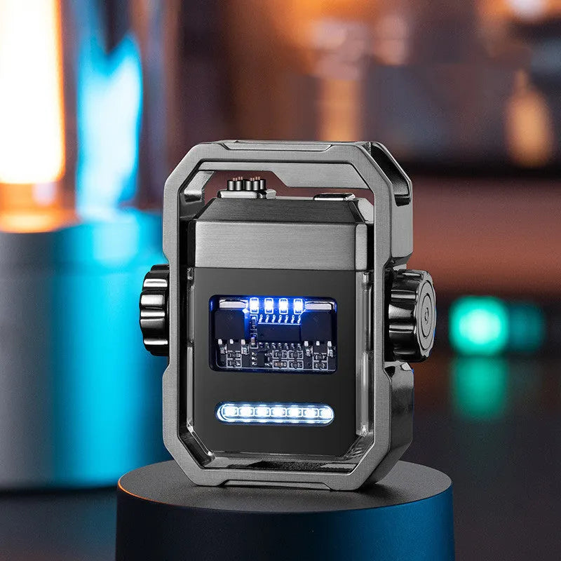 Blue zinc alloy windproof electric arc lighter unfolded, showing the double arc and mechanical gyroscope design.