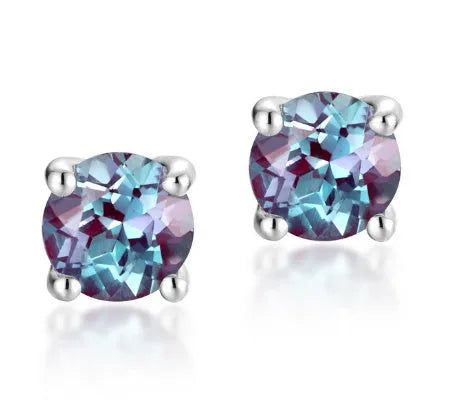 Silver ear studs with round cultivated Alexandrite stone in geometric setting