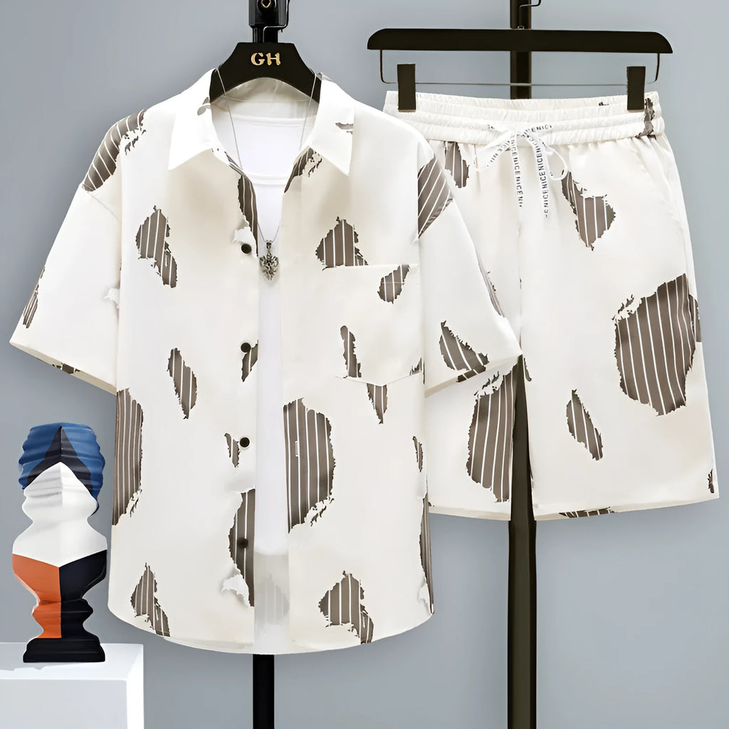 Men's grey casual sports two-piece set with short sleeve top and shorts on a hanger.