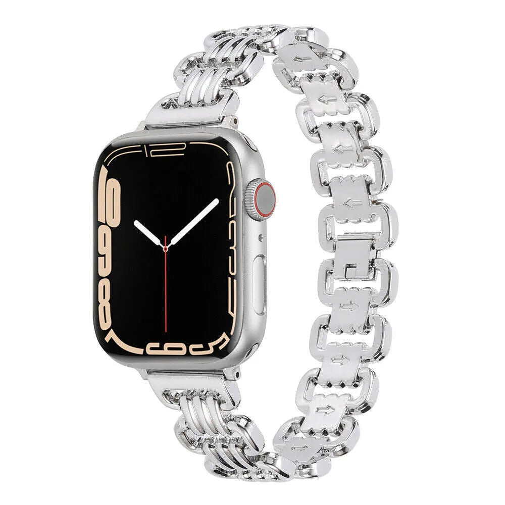 Metal alloy Apple Watch bracelet in silver colour showing band details and connector