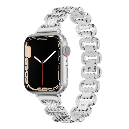 Metal alloy Apple Watch bracelet in silver colour showing band details and connector