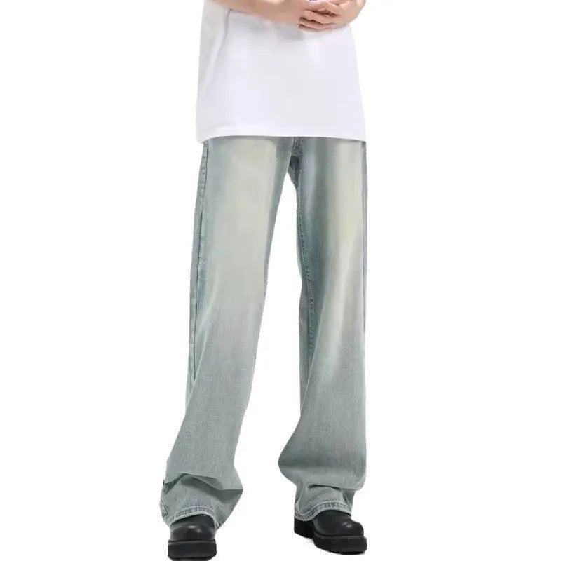 Blue retro casual trousers with loose fit and high elasticity rabbit fur fabric