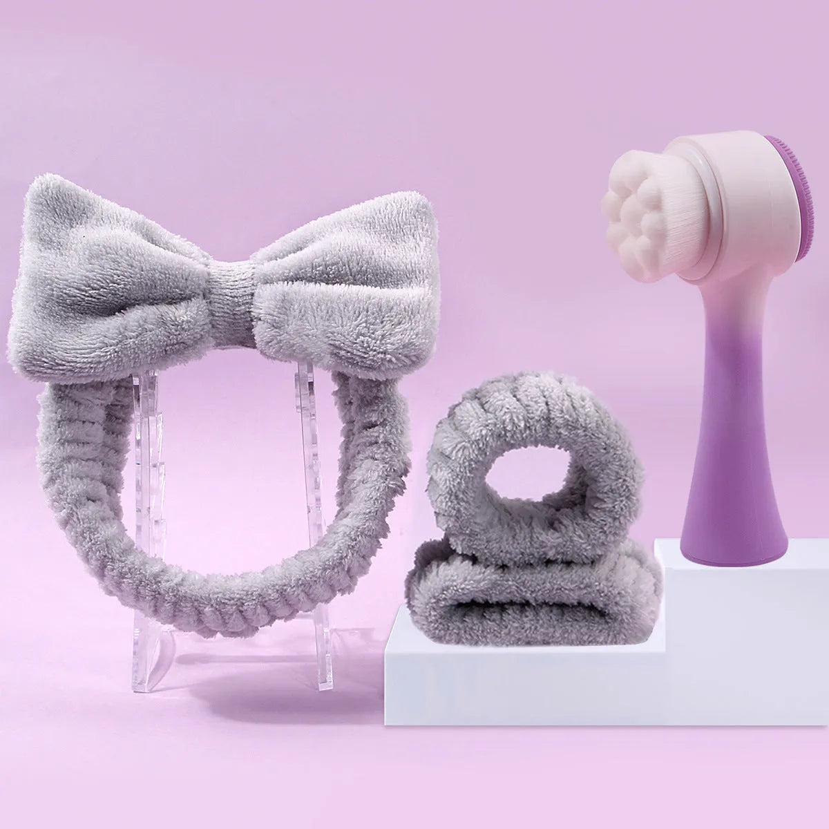 Facial brush set with coral fleece hair band and nylon bristle cleansing brush in multiple colour options