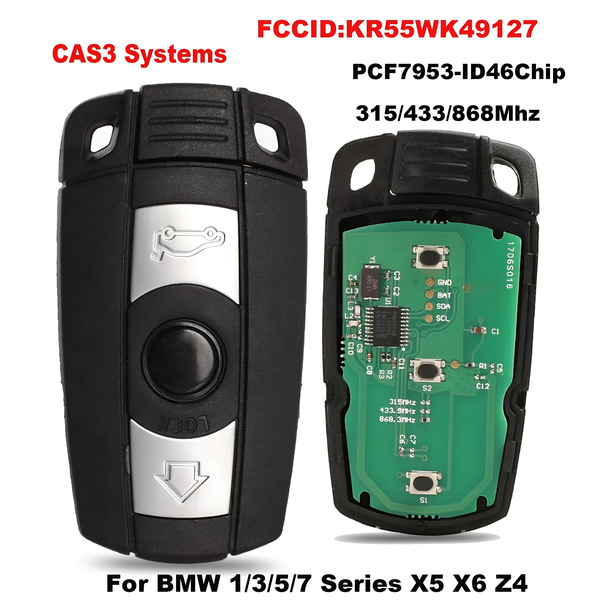 BMW CAS3 semi-intelligent three-button remote car key fob replacement.