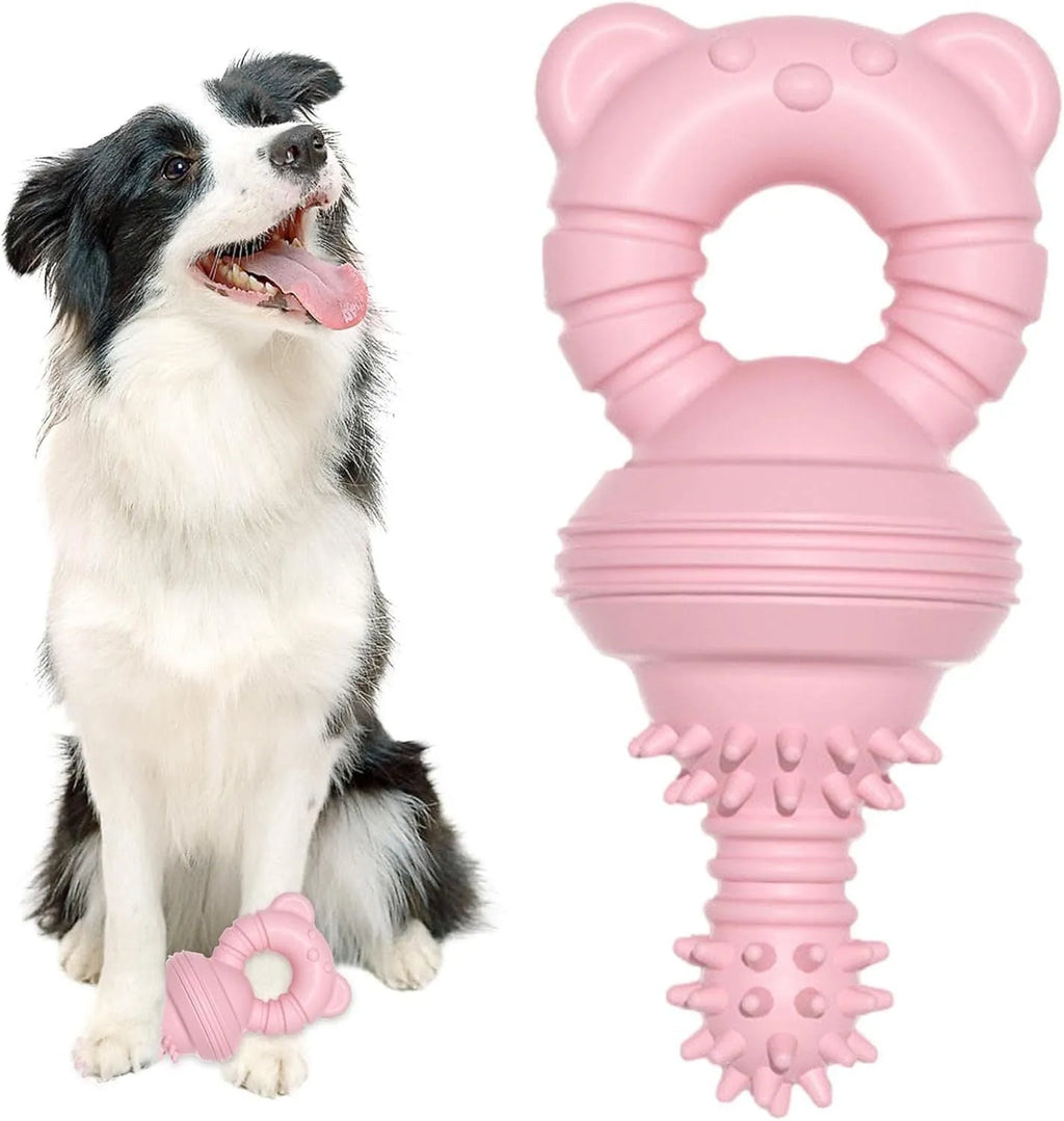 Blue rubber dog chew toy with textured surface for teeth cleaning, shown next to a tape measure.
