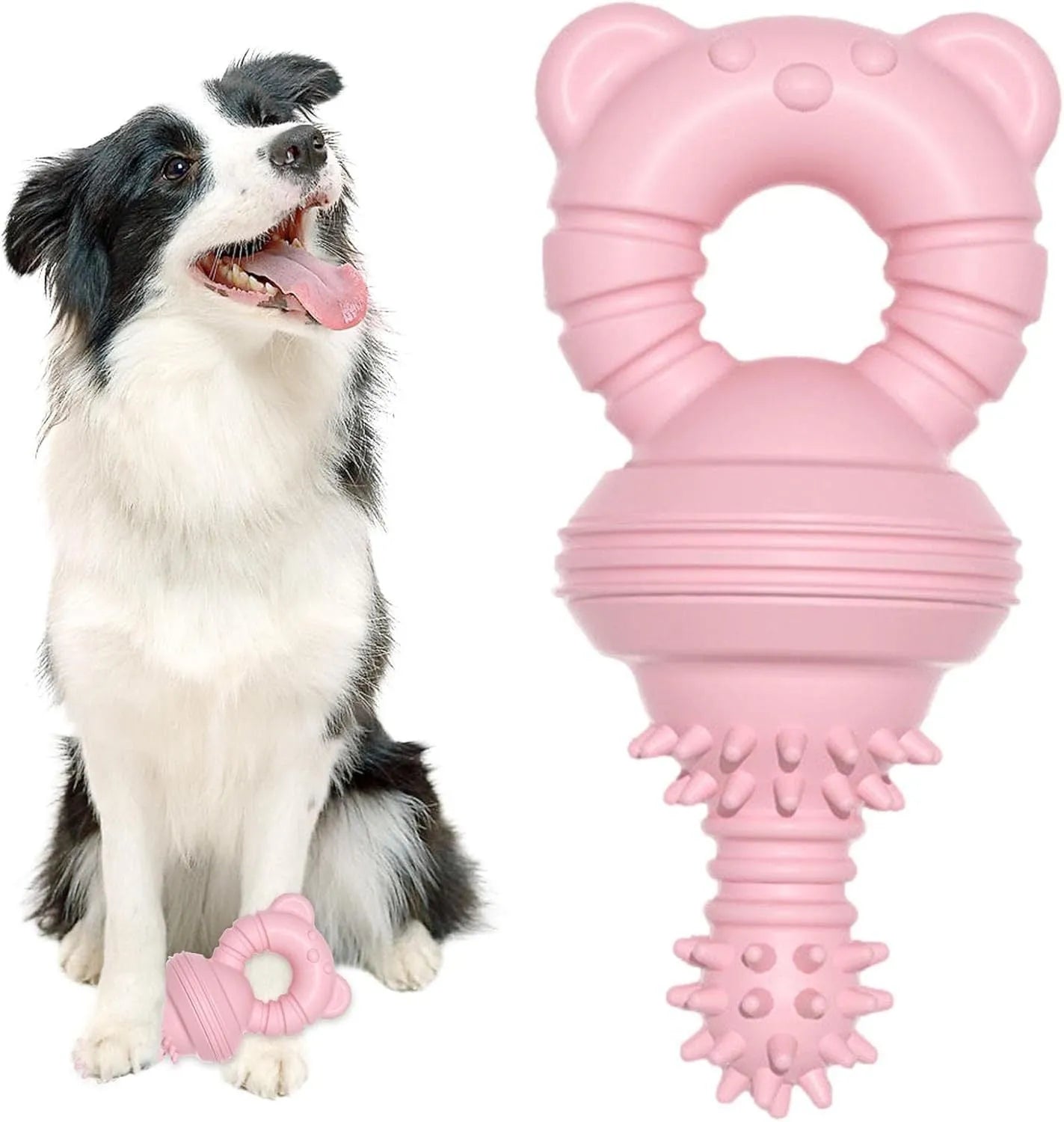 Blue rubber dog chew toy with textured surface for teeth cleaning, shown next to a tape measure.