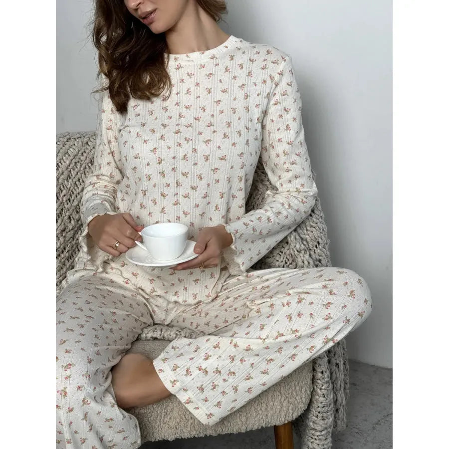 Women's white floral print bell sleeve top and wide leg pants loungewear set