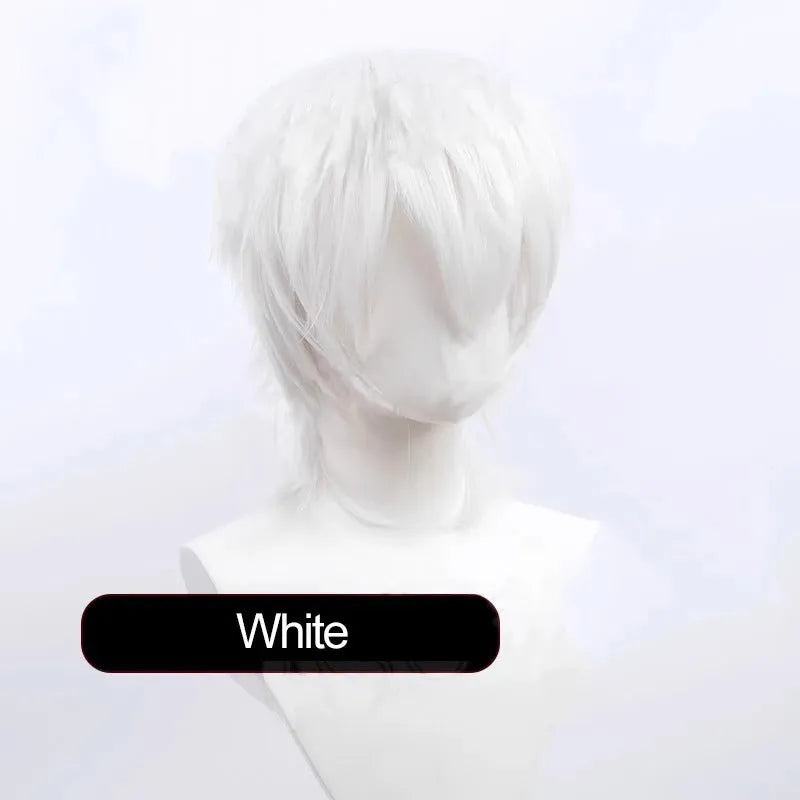 Men's short anime cosplay wig in multiple colours made from heat-resistant synthetic fibre