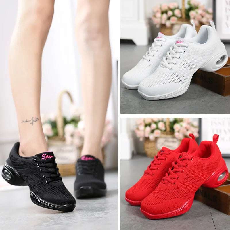 Women's breathable fly woven mesh dance shoes with soft PU sole in multiple colour variations