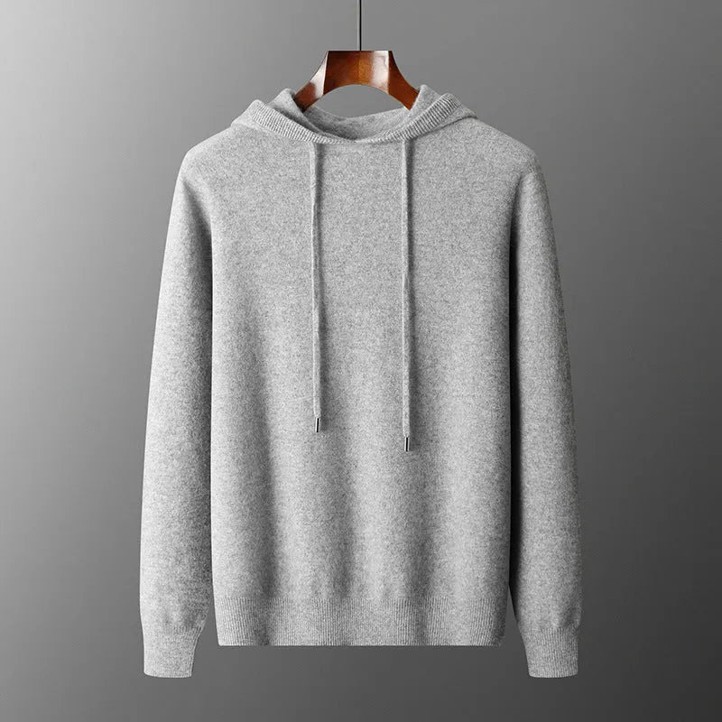 Men's light grey cashmere hooded knit sweatshirt and matching trousers casual winter set.