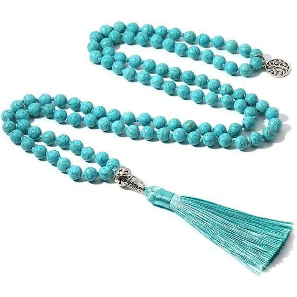 Handmade stone beaded necklace with 108 knotted 8mm beads in various natural colours on a 81cm strand