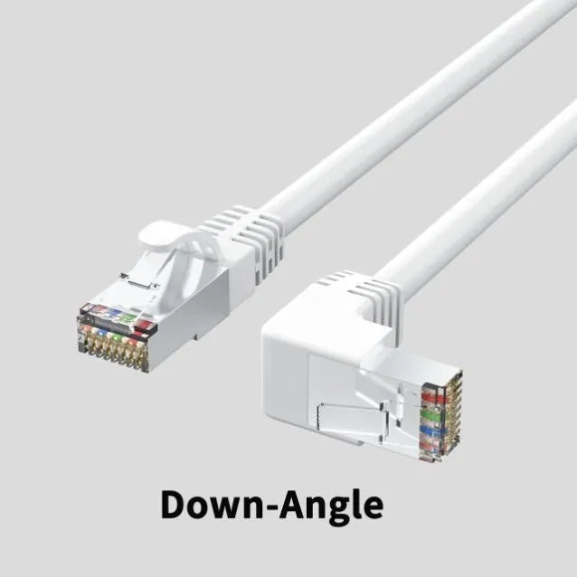Cat6 Ethernet cable with right-angle metal RJ45 connector in black, shown alongside length and colour options.