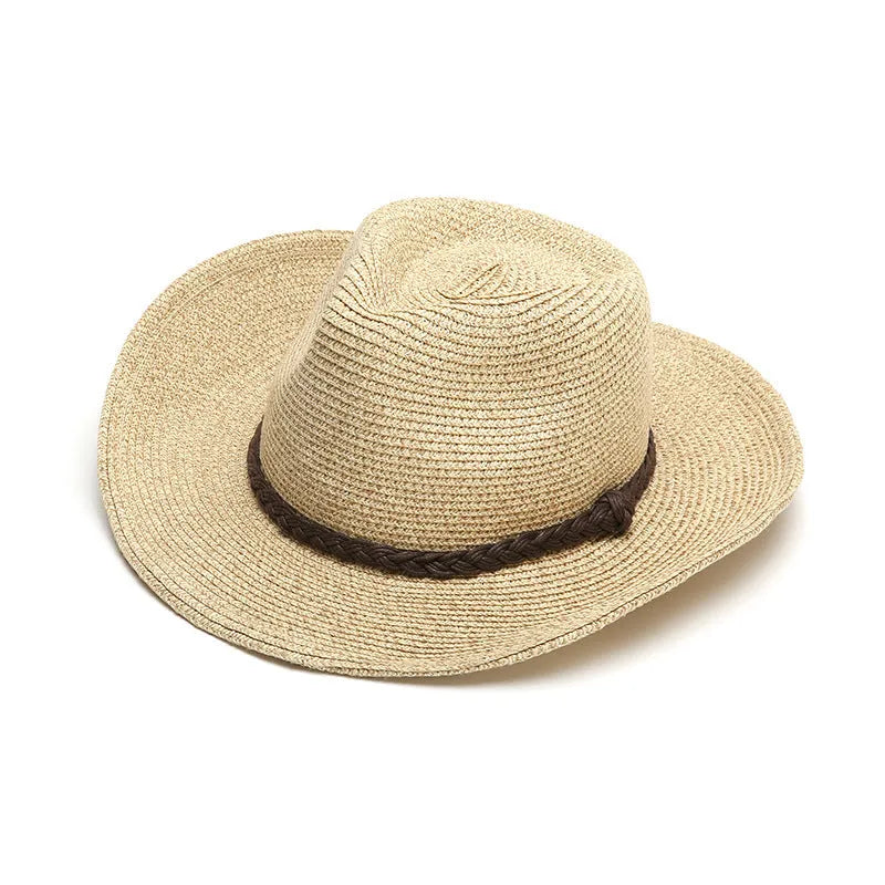 Men's foldable straw sun hat with wide brim in beige colour shown from side view