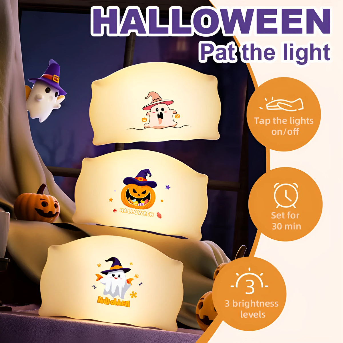 Cartoon ghost doll USB-C rechargeable table lamp in magic ghost or pumpkin ghost colour on a bedside table.