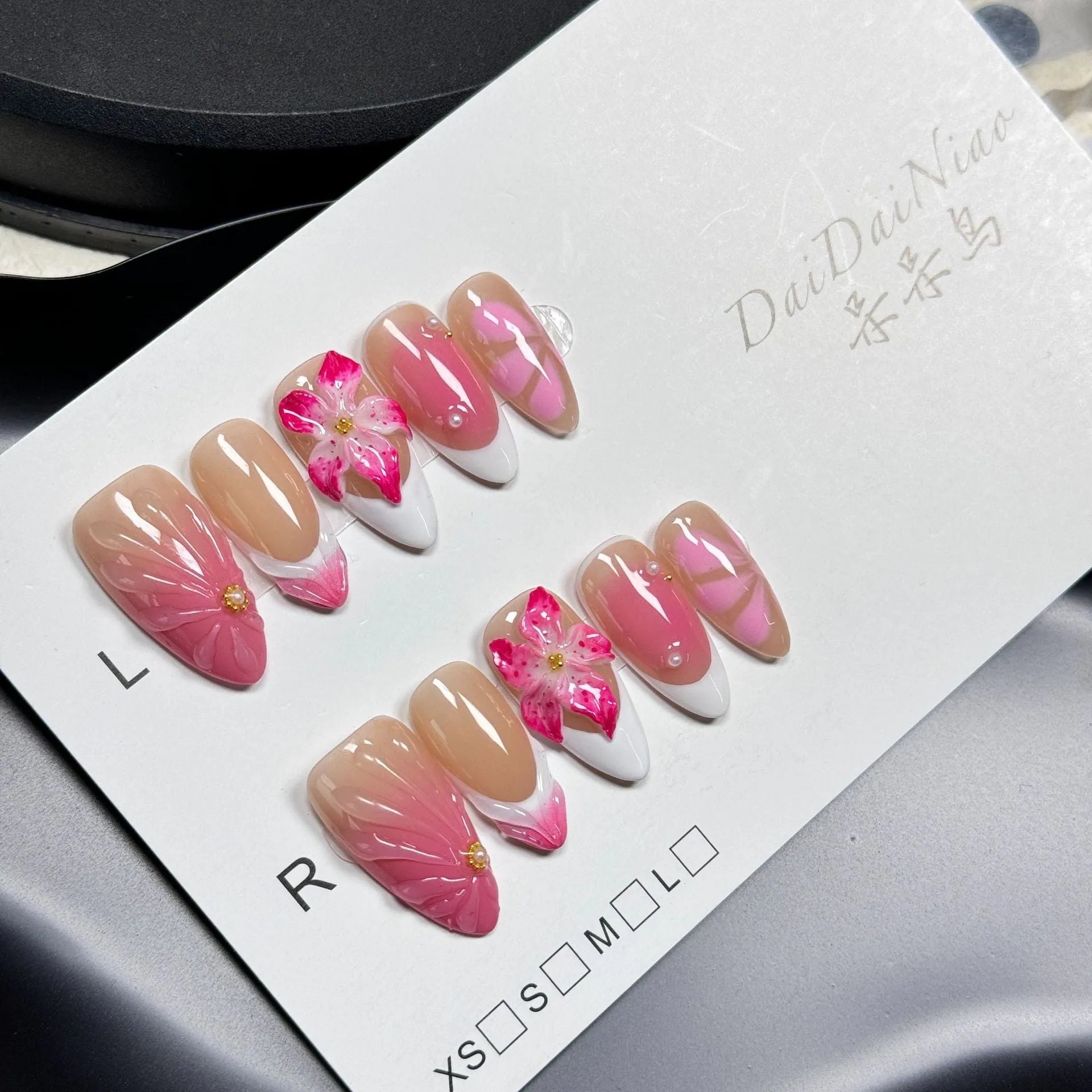 French style false nails with three-dimensional lily ice flower decoration in almond shape