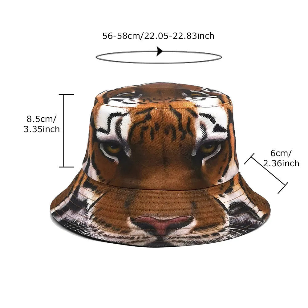 Tiger pattern polyester bucket hat with dome crown in khaki or black colour, size M fits 56-58cm