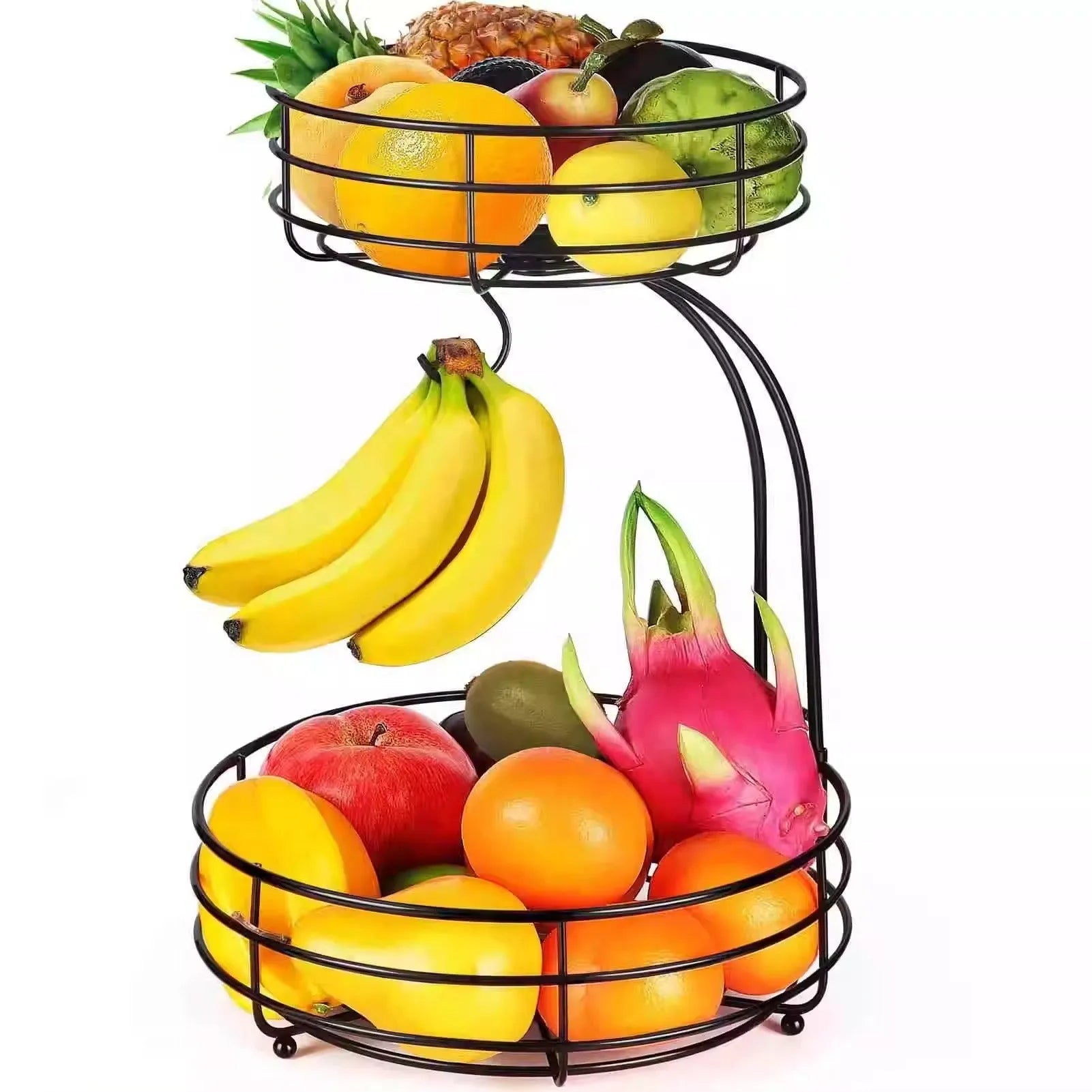 Black and gold double-layer wrought iron storage basket for fruits and vegetables