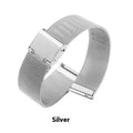 Milani silk woven stainless steel watch band in silver, shown detached, displaying its metallic buckle and woven texture.