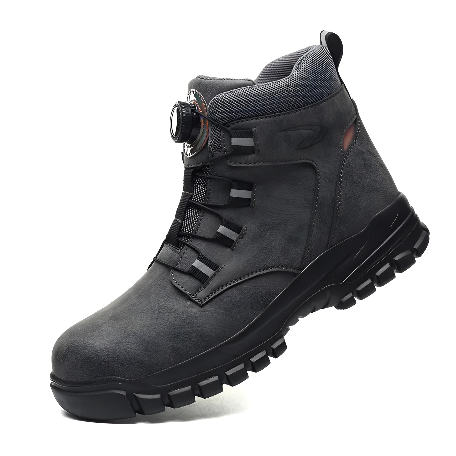 Leather and rubber anti-smashing puncture safety shoes in black, shown in a work environment.