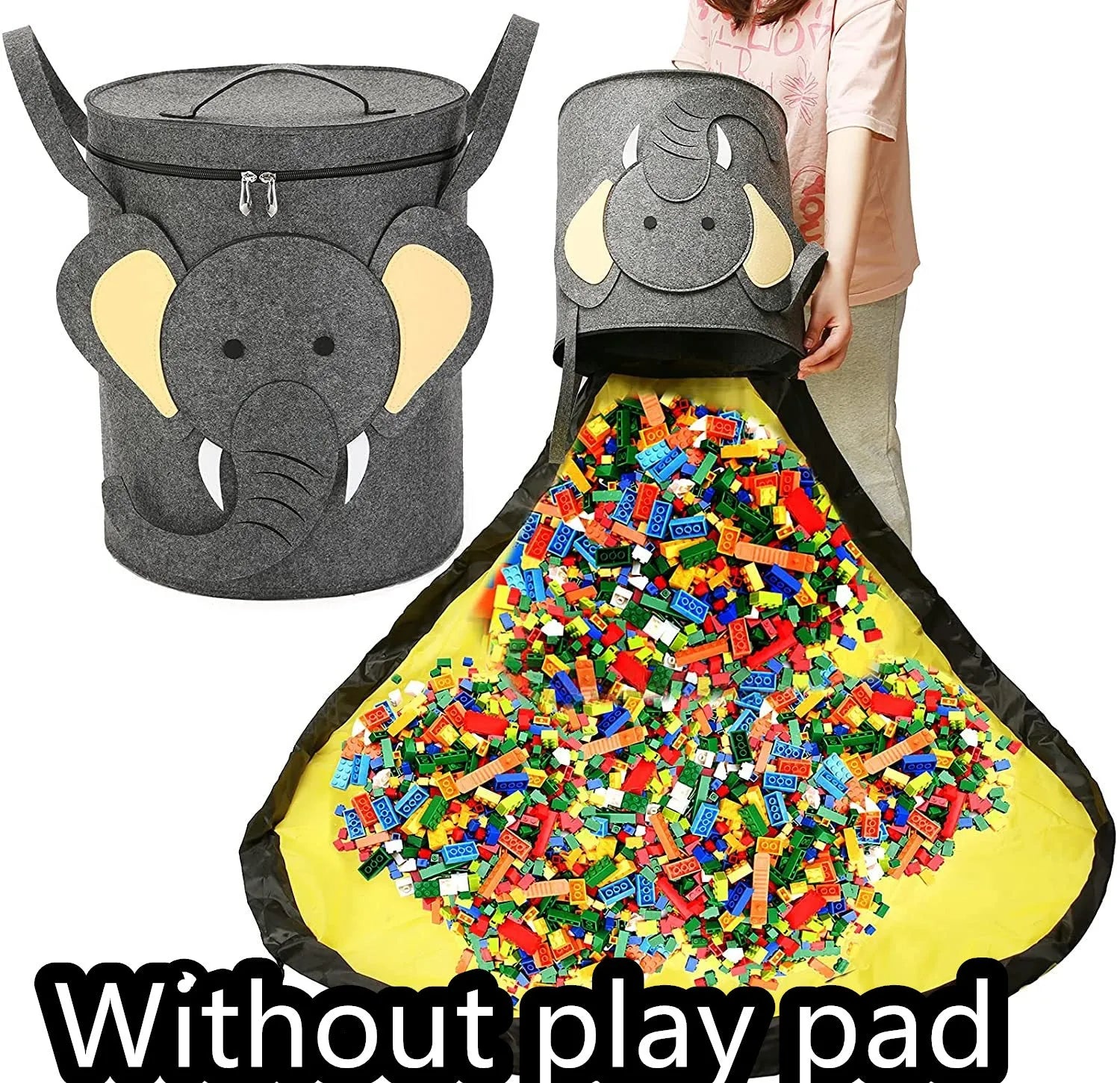 Green felt cube storage bag with pull rope laid flat as play mat for toy organisation