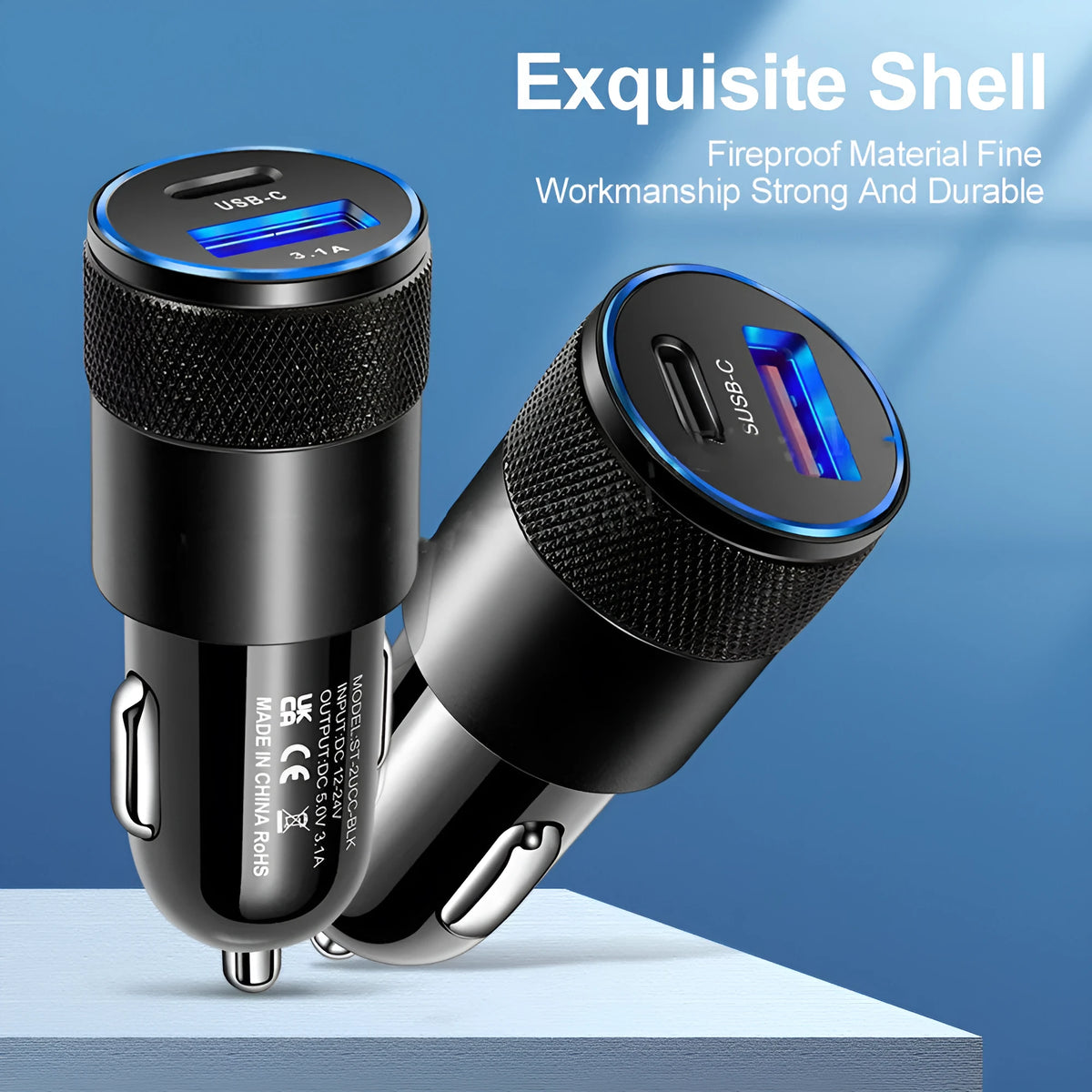 Aluminium alloy car charger with USB ports for vehicle mobile phone charging