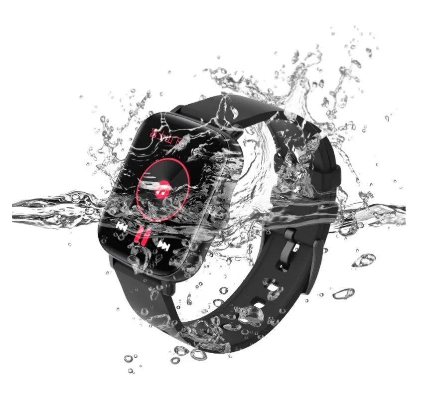 Blue smart watch with 1.7-inch touch screen on adjustable strap, showing heart rate monitoring interface.