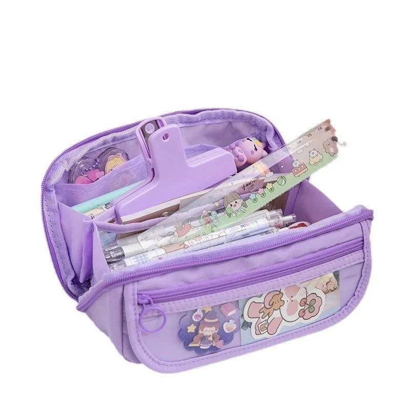 Korean style ten-layer flip canvas pencil case open showing multiple compartments for pens.