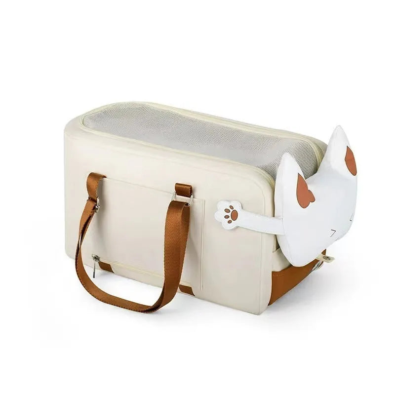 Beige hard-sided pet carrier flight case with central control panel for cats under 15kg