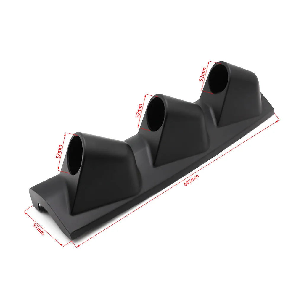 Black ABS instrument stand for 52mm gauges with three mounting holes in right drive configuration