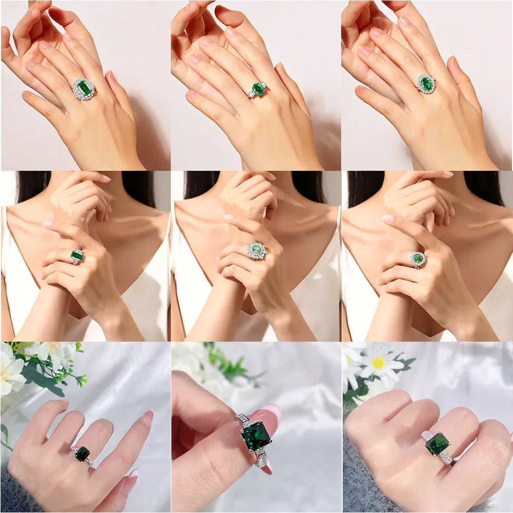 Geometric S925 sterling silver women's ring with an oval Palaibahao emerald and diamond accents.