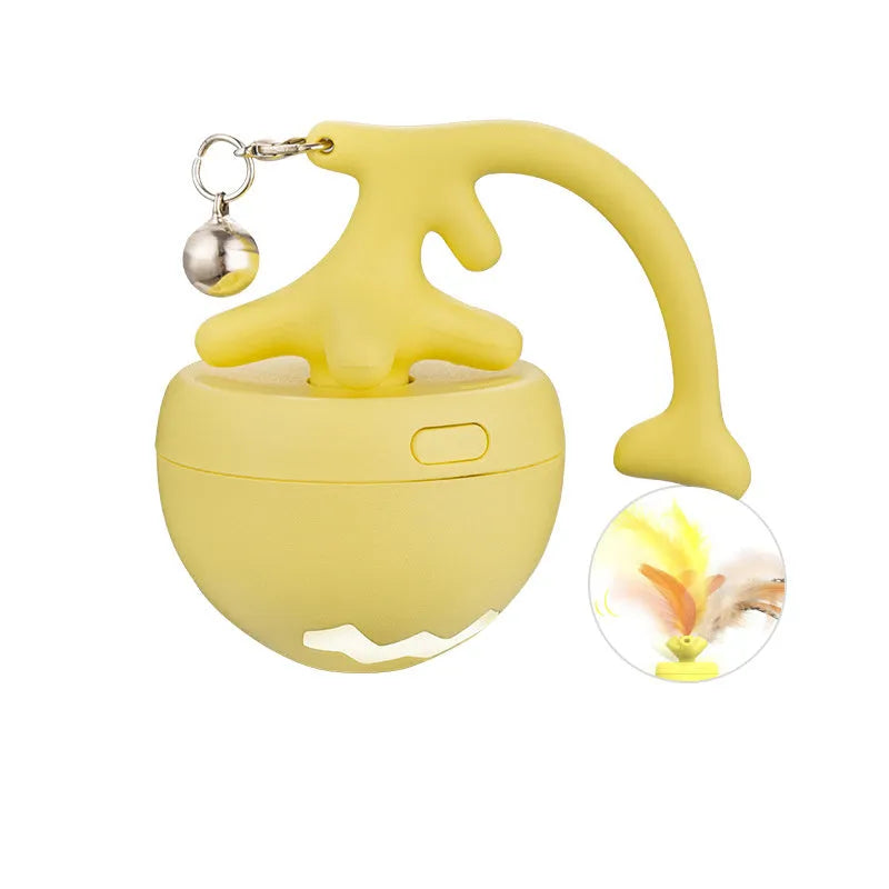 USB electric cat teasing ball toy with attached stick on a floor, available in blue, pink, and yellow.