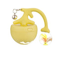 USB electric cat teasing ball toy with attached stick on a floor, available in blue, pink, and yellow.