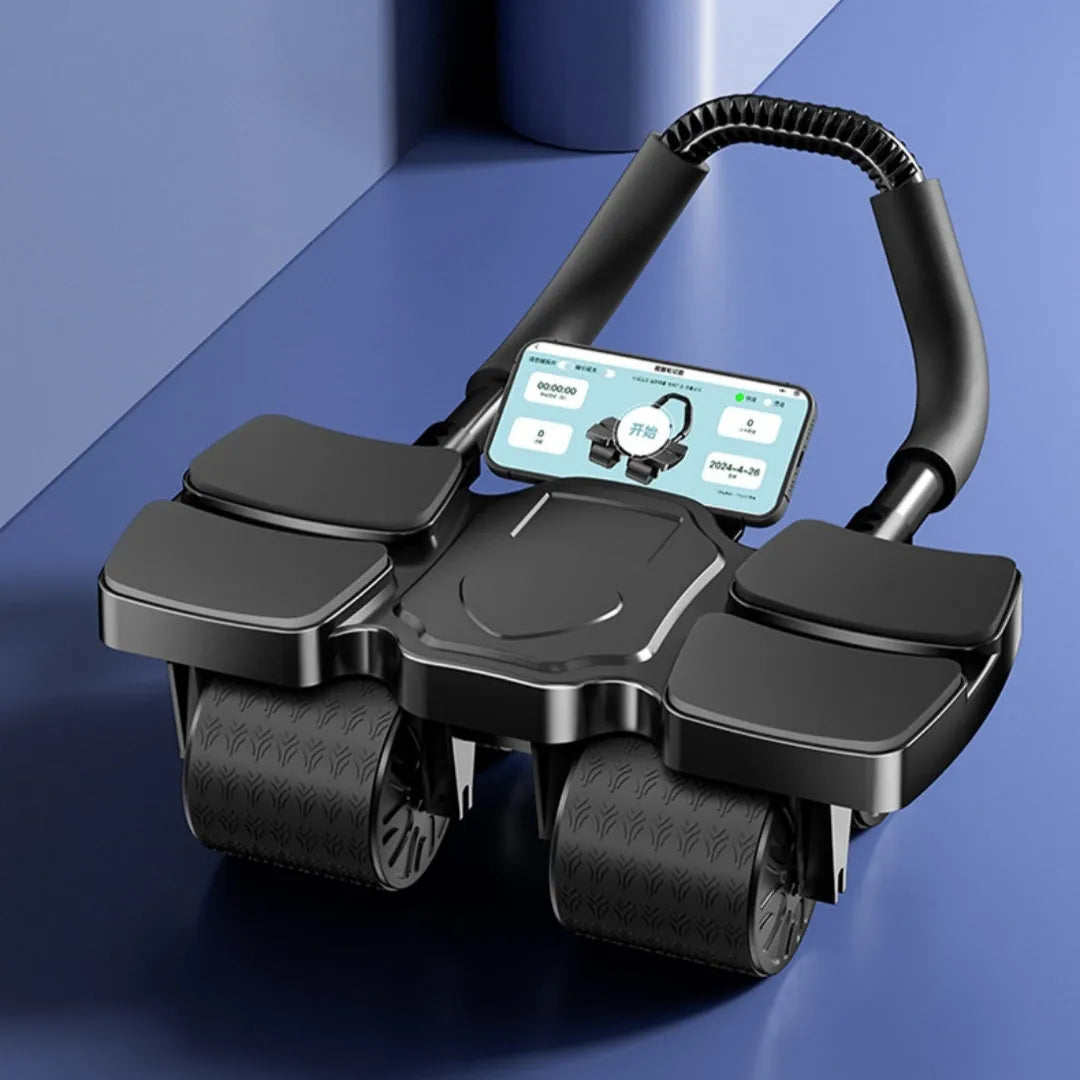 Black abdominal exercise wheel with automatic rebound and four wheels