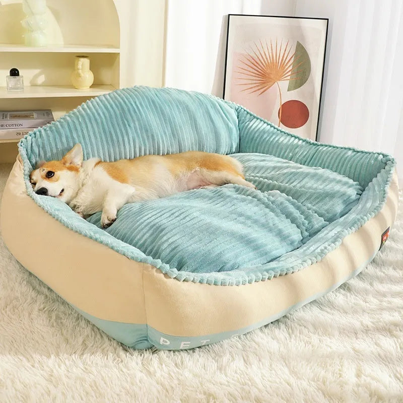 Morandi colour removable lazy sofa dog bed with raised edges, shown in two sizes.
