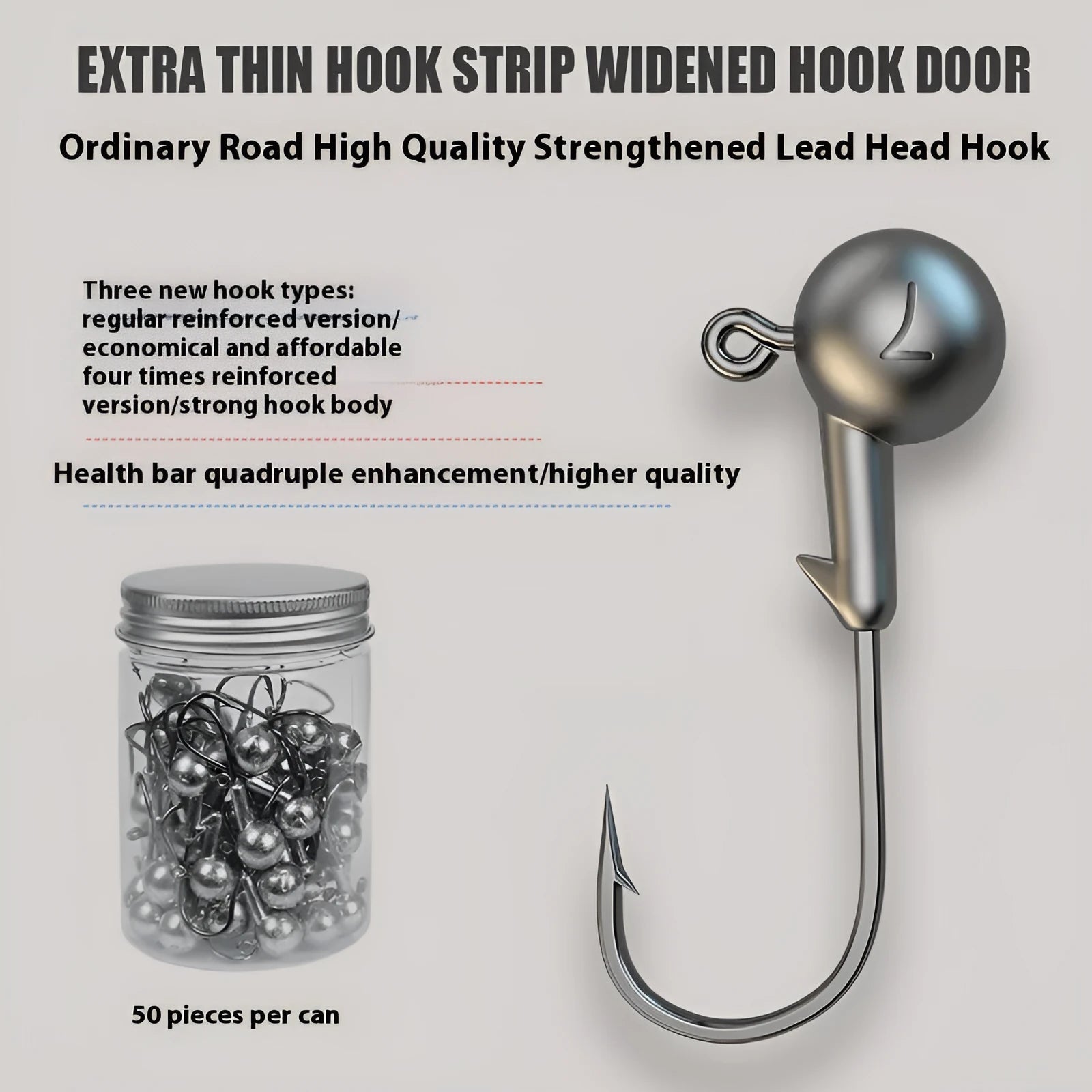 Set of 50 jig fishing hooks with lead-headed design and steel construction