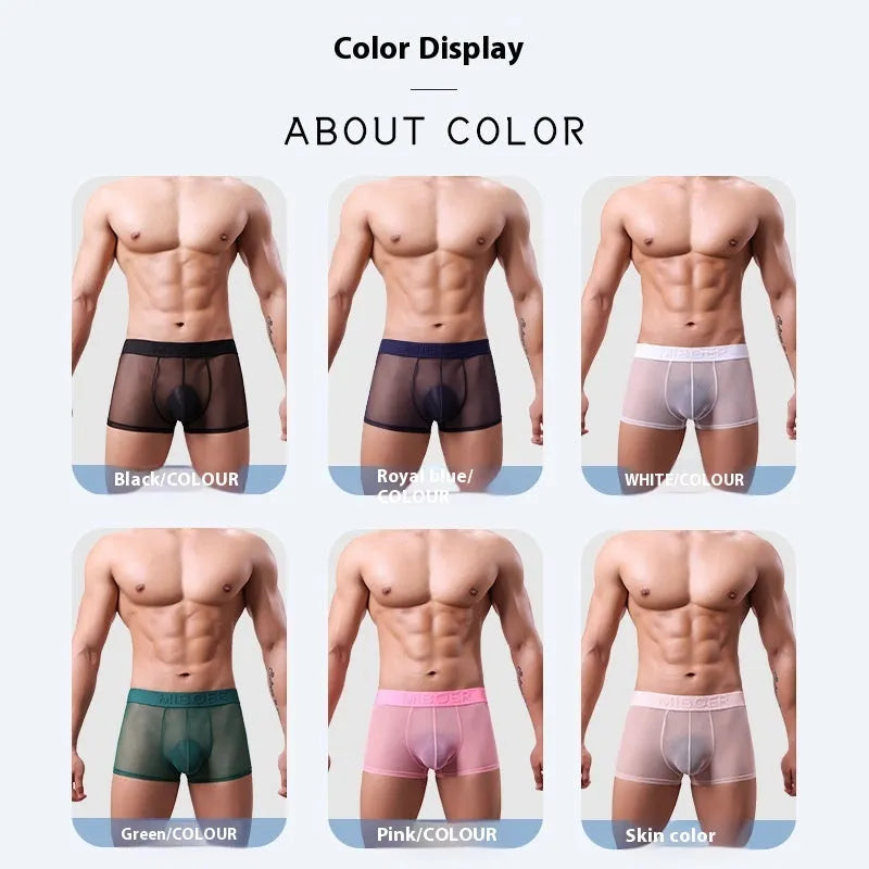 Men's solid colour thin polyester boxers in black, shown flat.